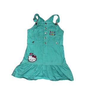 Hello Kitty‎ Sanrio Girl's Denim Button Embroidered Teal Thread Overall Dress 6